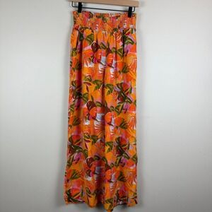 C&C California Pants Women S Orange Leaf Print 100% Linen Smocked Waist Wide-Leg
